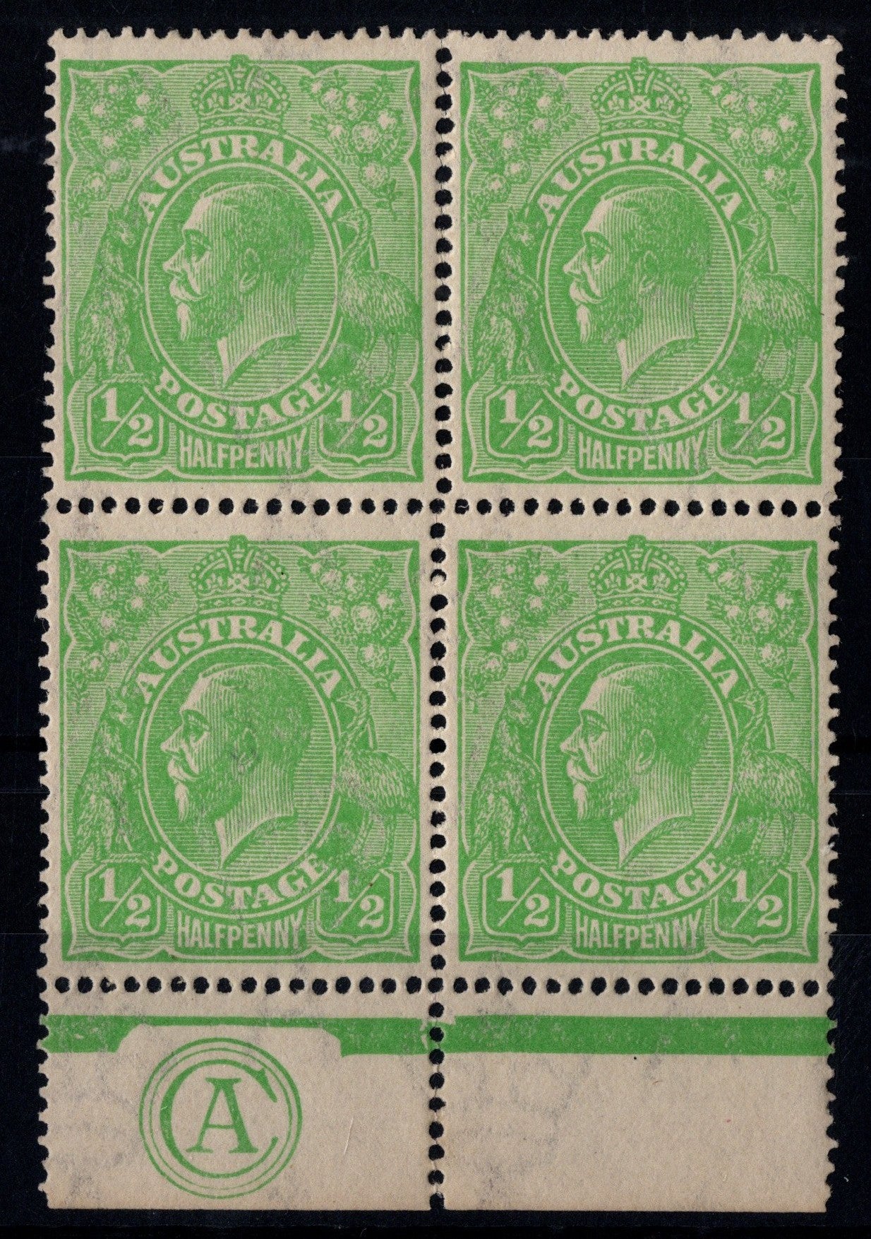 Australia KGV ½d Green Block Mint with CA Monogram