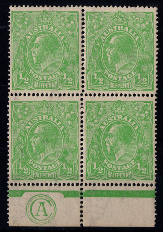 Australia KGV ½d Green Block Mint with CA Monogram