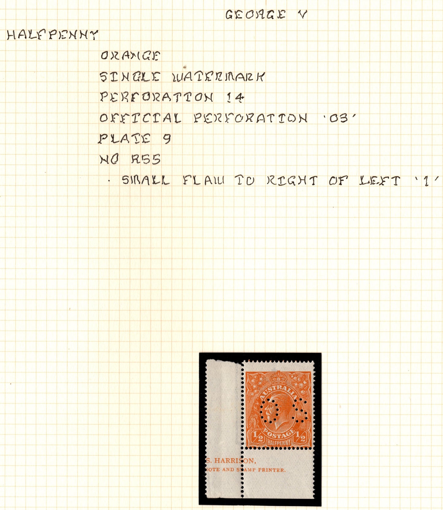 Australia KGV ½d Orange OS Perf Part Harrison Imprint x Andrew Johnston Collection
