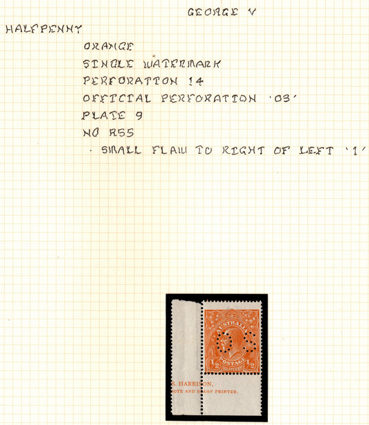 Australia KGV ½d Orange OS Perf Part Harrison Imprint x Andrew Johnston Collection
